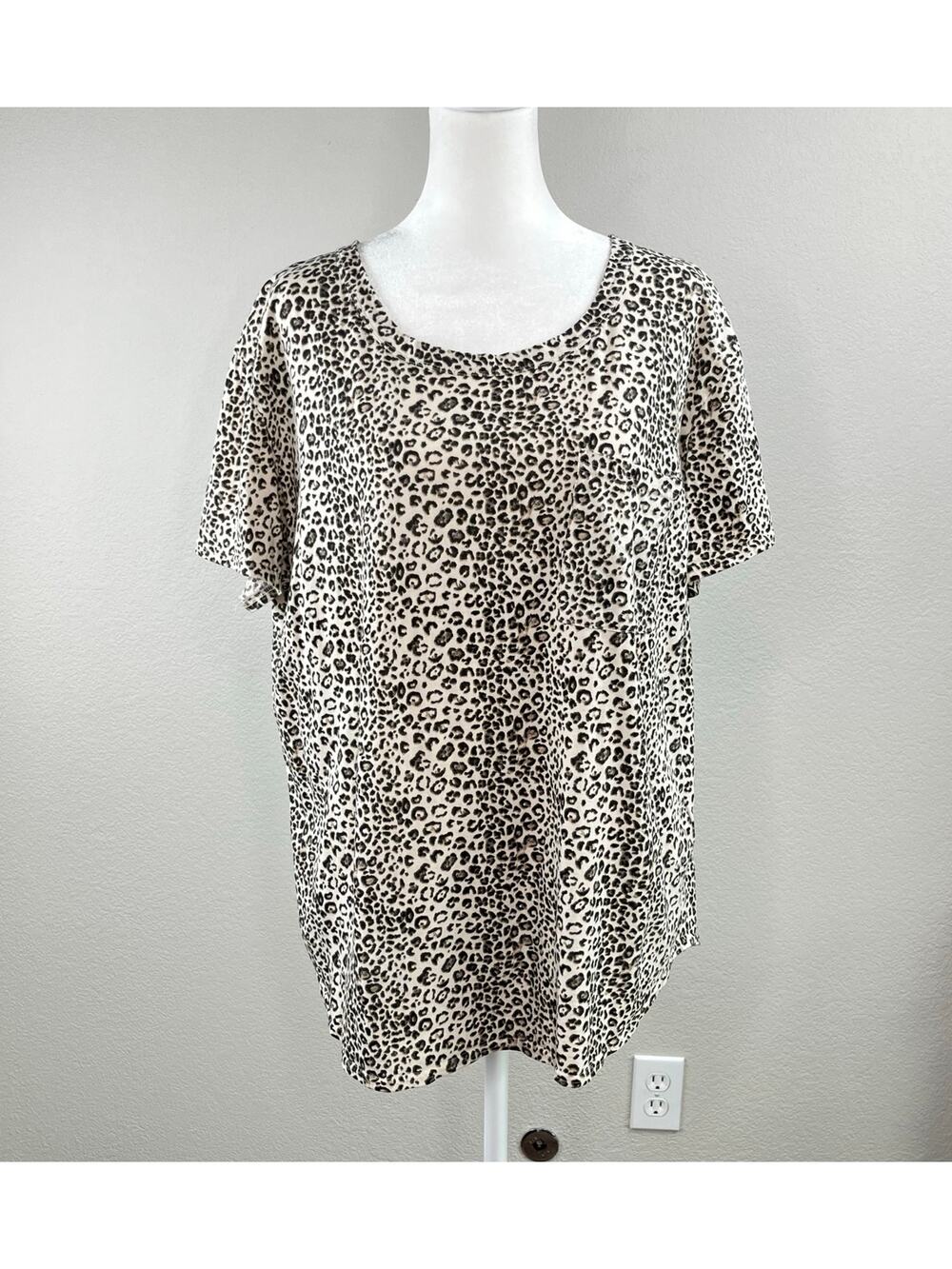 Rebecca Taylor Leopard Print Cotton T-Shirt Crew Neck Pocket Tee Cream Black L
